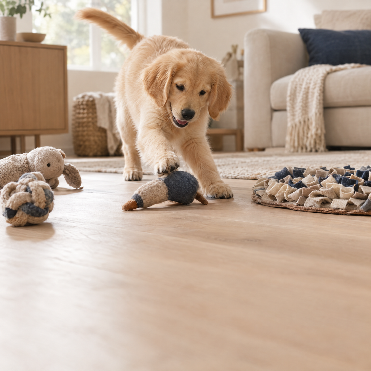Golden retriever puppy playing with plush toys and a snuffle mat