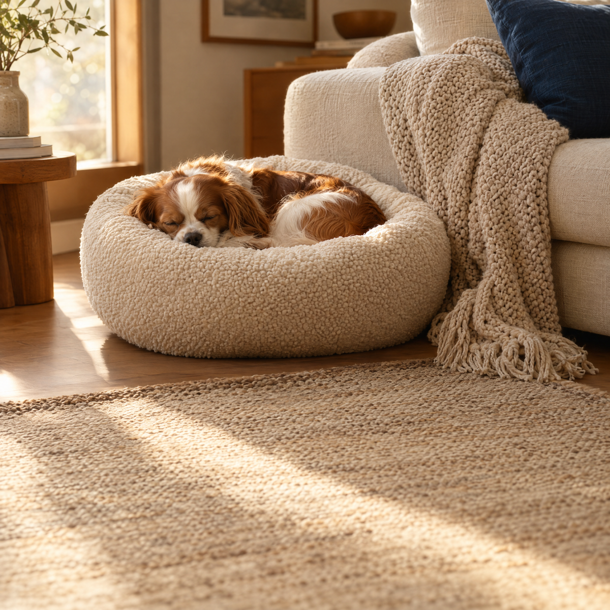 Small dog asleep in a plush round cream bed beside a sofa