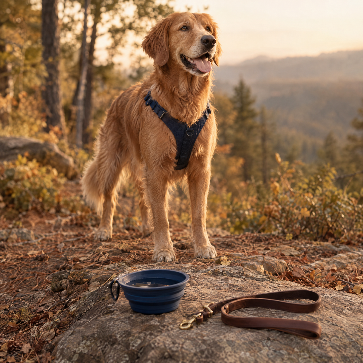 Golden retriever in a navy harness on a forest trail with a travel bowl and leash