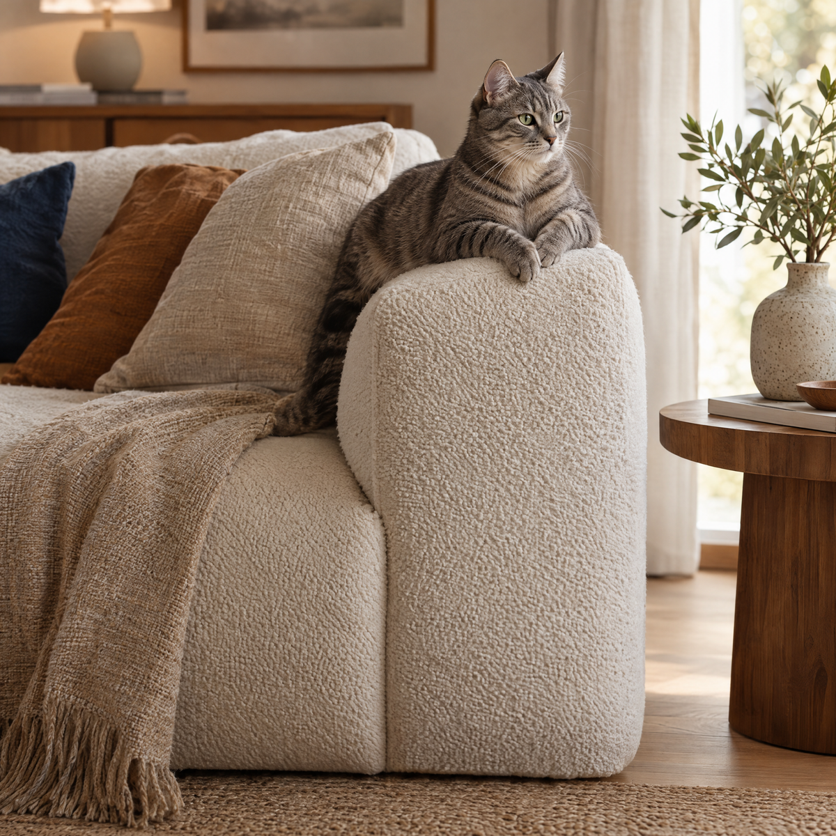 Grey tabby cat resting on a sofa with a cream plush cover