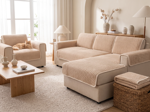 BubbleRib Plush Sofa Cover pieces fitted across a sectional and armchair