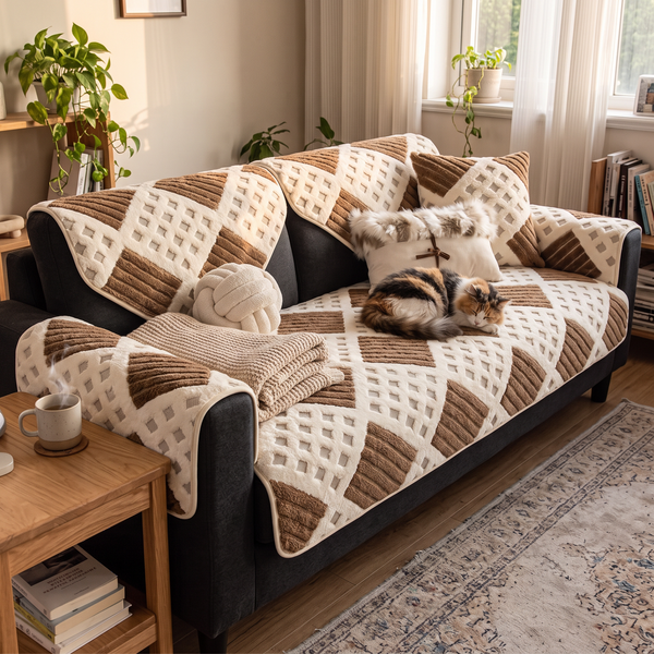 WaffleDrift Thick Plush Sofa Cover - Brown, with a cat