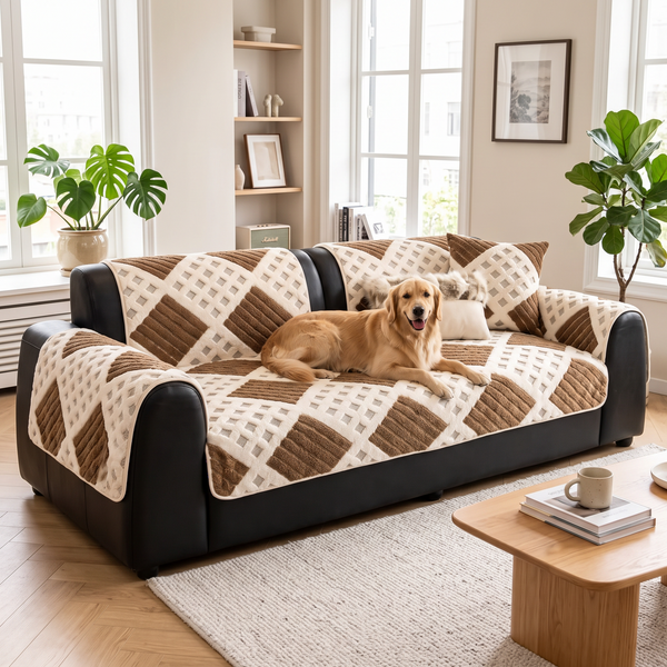 WaffleDrift Thick Plush Sofa Cover - Brown, with a dog