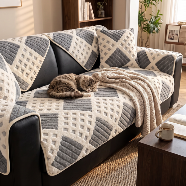 WaffleDrift Thick Plush Sofa Cover - Grey, with a cat