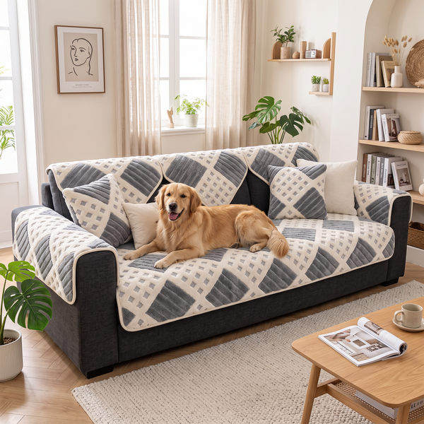 WaffleDrift Thick Plush Sofa Cover - Grey, with a dog