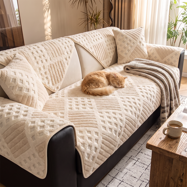 WaffleDrift Thick Plush Sofa Cover - Cream, with a cat
