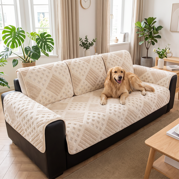 WaffleDrift Thick Plush Sofa Cover - Cream, with a dog