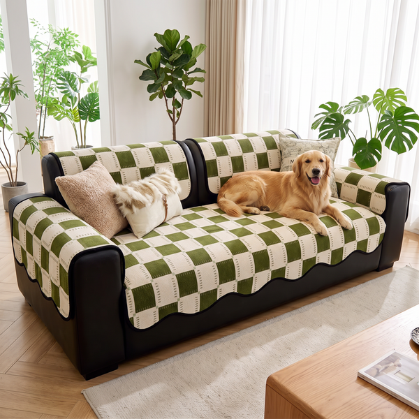 PlaidPop Chenille Sofa Cover - Green, with a dog