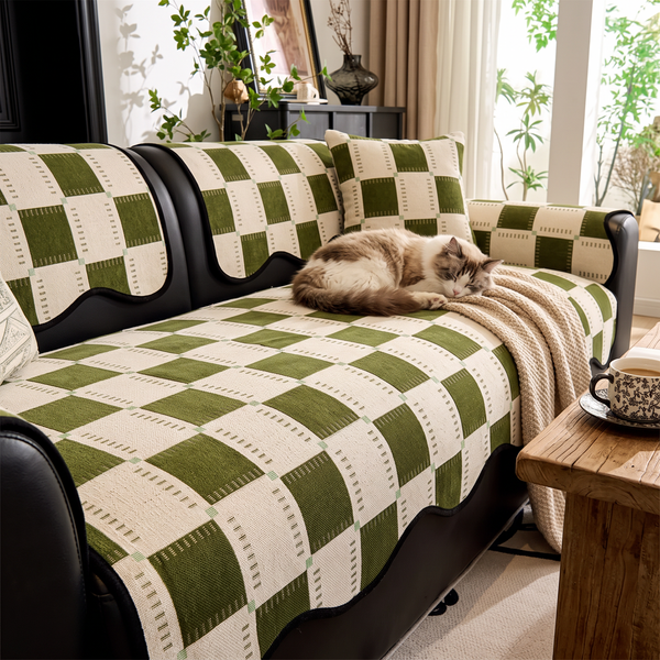 PlaidPop Chenille Sofa Cover - Green, with a cat