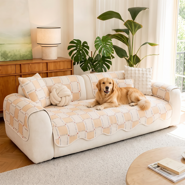 PlaidPop Chenille Sofa Cover - Khaki, with a dog