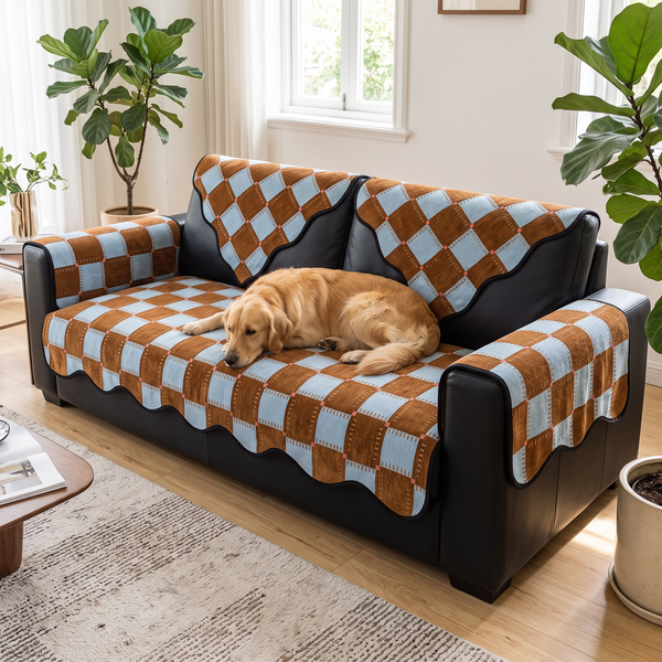 PlaidPop Chenille Sofa Cover - Brown, with a dog