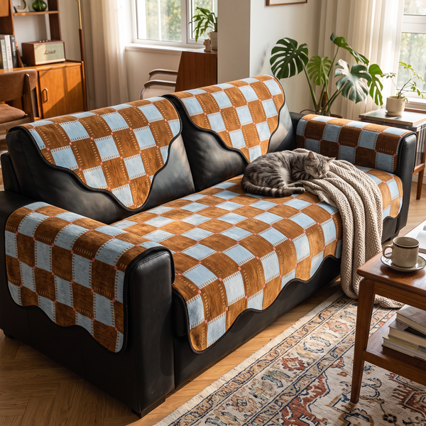 PlaidPop Chenille Sofa Cover - Brown, with a cat
