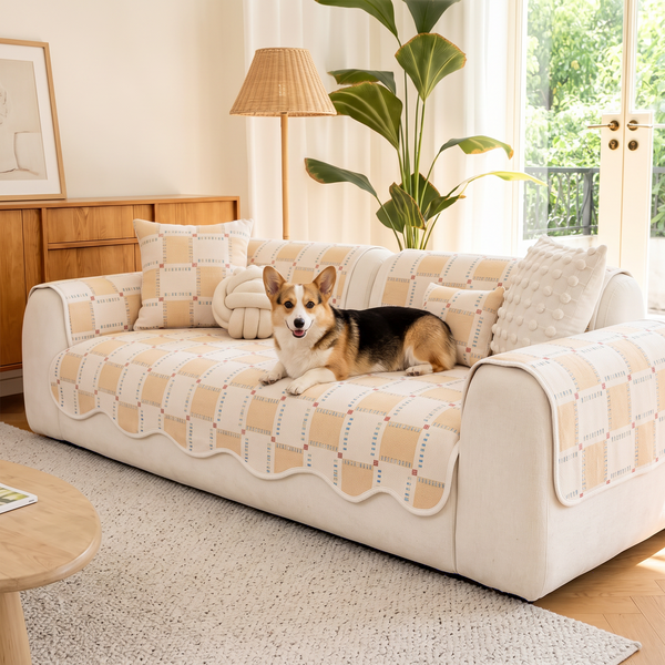 PlaidPop Chenille Sofa Cover - Khaki, with a corgi
