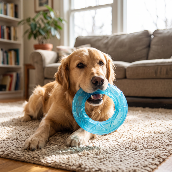 FrostPop Freezable Dog Chew Toy Ring in use