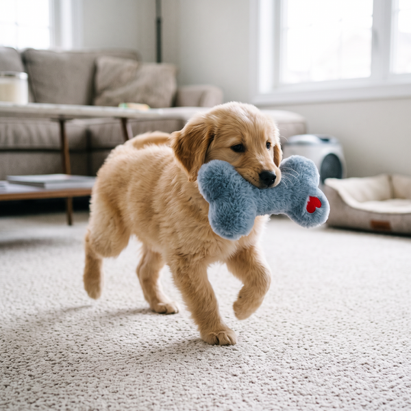 HonkBone Squeaky Plush Dog Toy Blue in use