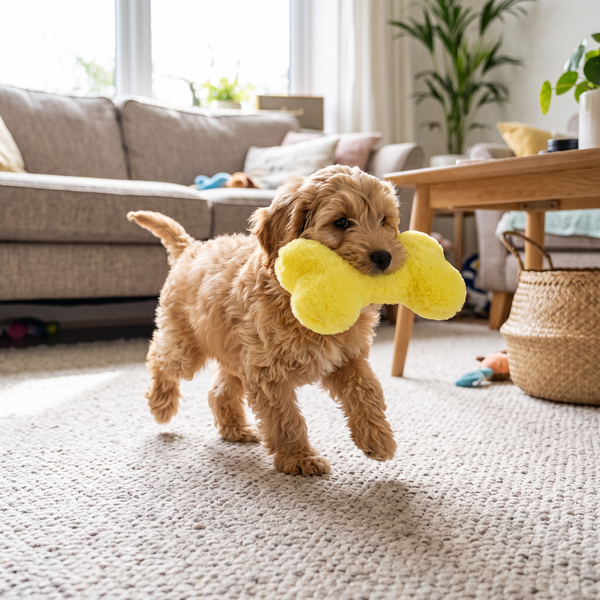 HonkBone Squeaky Plush Dog Toy Yellow in use