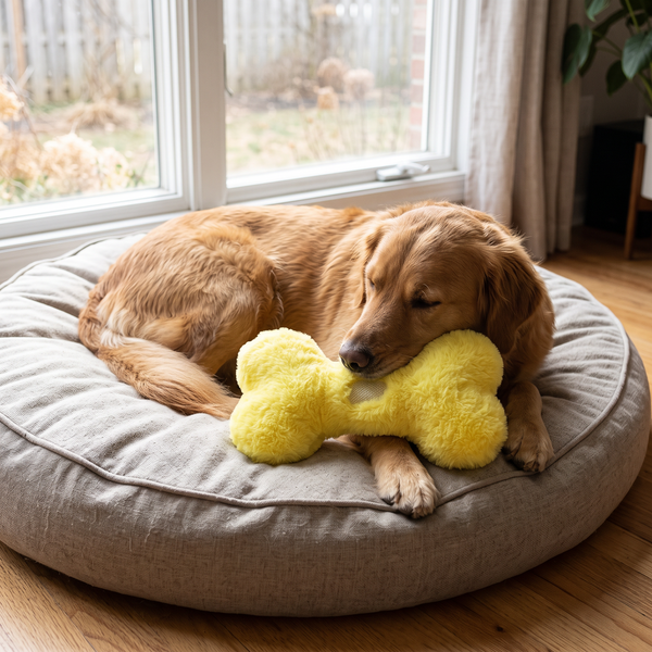 HonkBone Squeaky Plush Dog Toy Yellow in use