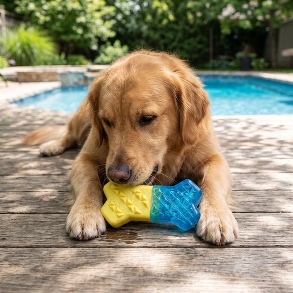 SplashChill Floating Dog Chew Toy Bone in use