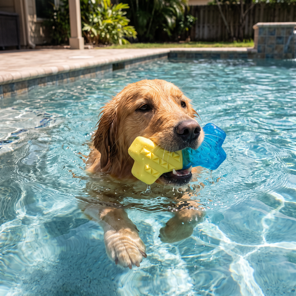 SplashChill Floating Dog Chew Toy Bone in use