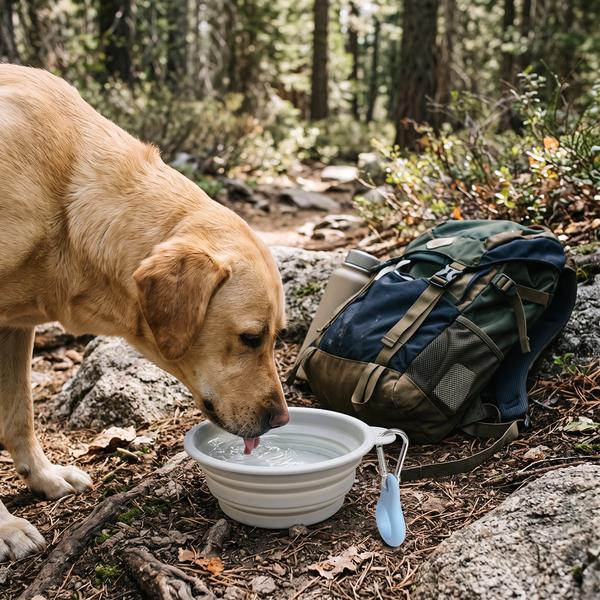 TrailFold Collapsible Dog Bowl Grey in use