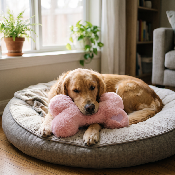 HonkBone Squeaky Plush Dog Toy Pink in use