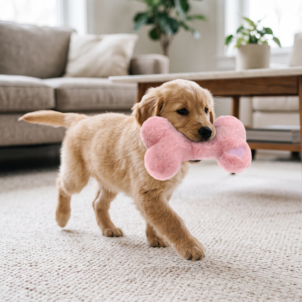 HonkBone Squeaky Plush Dog Toy Pink in use
