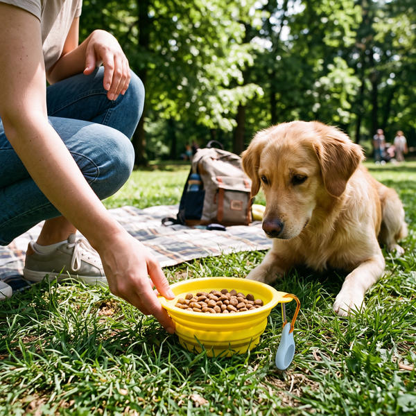 TrailFold Collapsible Dog Bowl Yellow in use