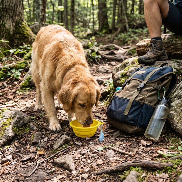 TrailFold Collapsible Dog Bowl Yellow in use