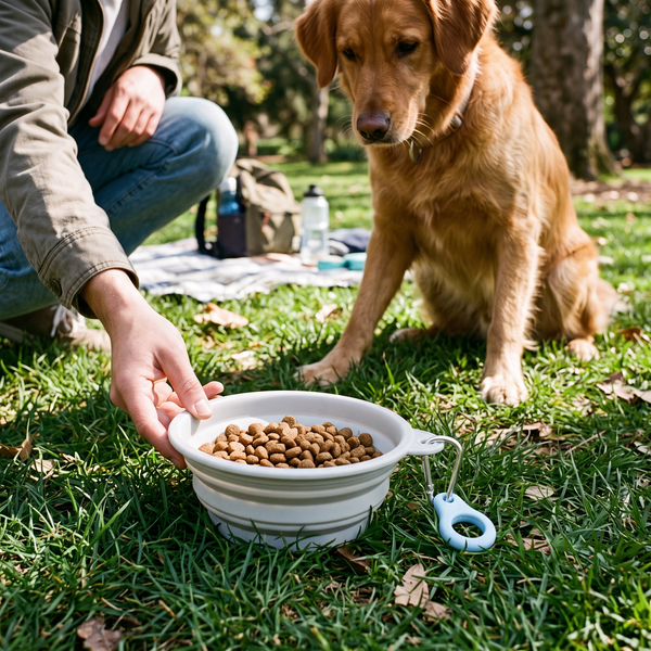 TrailFold Collapsible Dog Bowl Grey in use