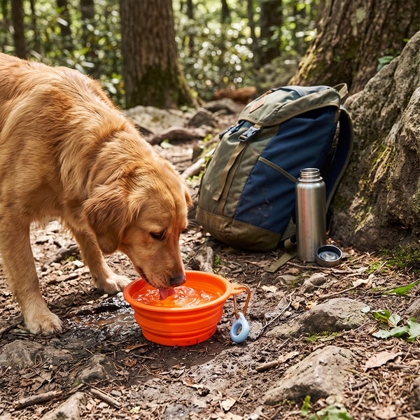 TrailFold Collapsible Dog Bowl Orange in use