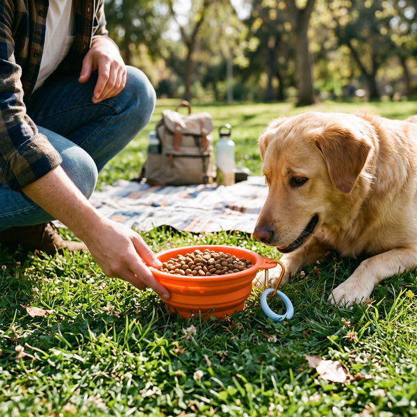 TrailFold Collapsible Dog Bowl Orange in use