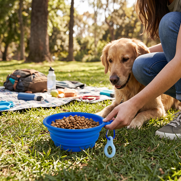 TrailFold Collapsible Dog Bowl Blue in use