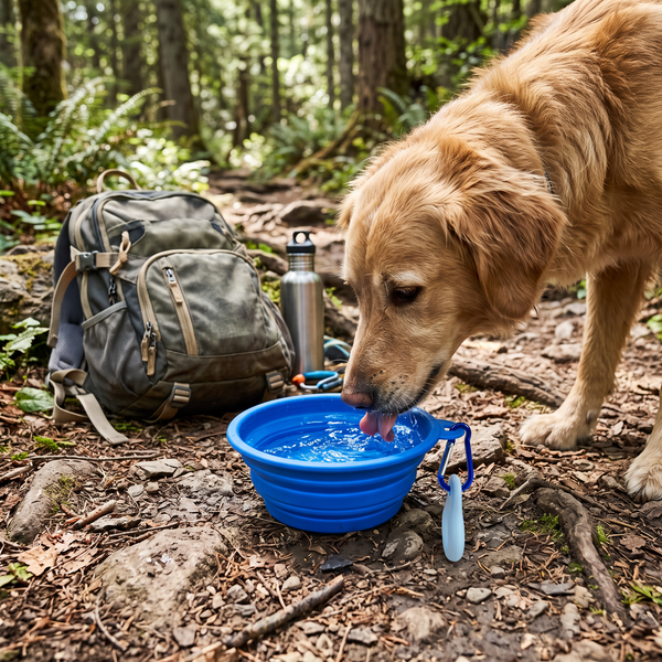 TrailFold Collapsible Dog Bowl Blue in use