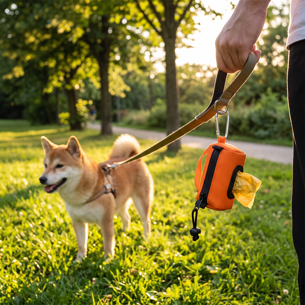 ClipTidy Waterproof Poop Bag Dispenser Orange in use