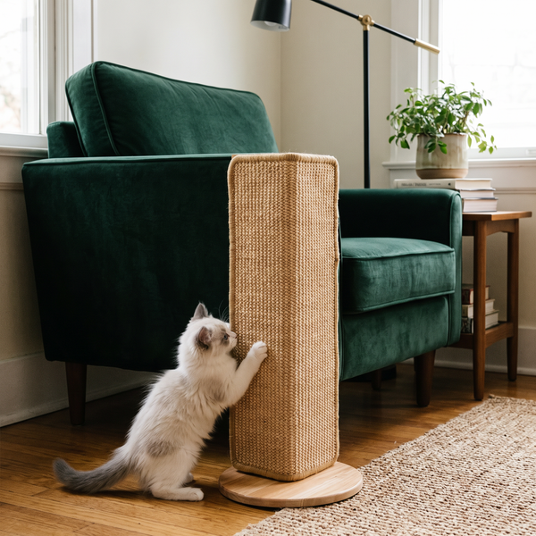 CornerClaw Faux Sisal Cat Scratcher in use by a kitten next to an armchair