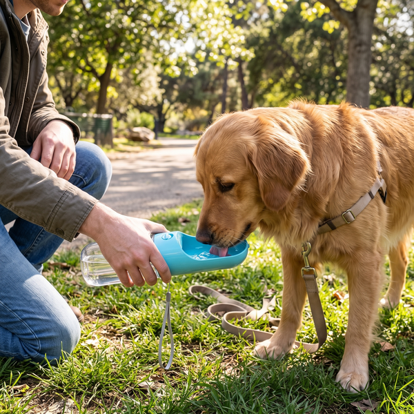 TrailGulp Push-Lock Dog Water Bottle (Blue) in use
