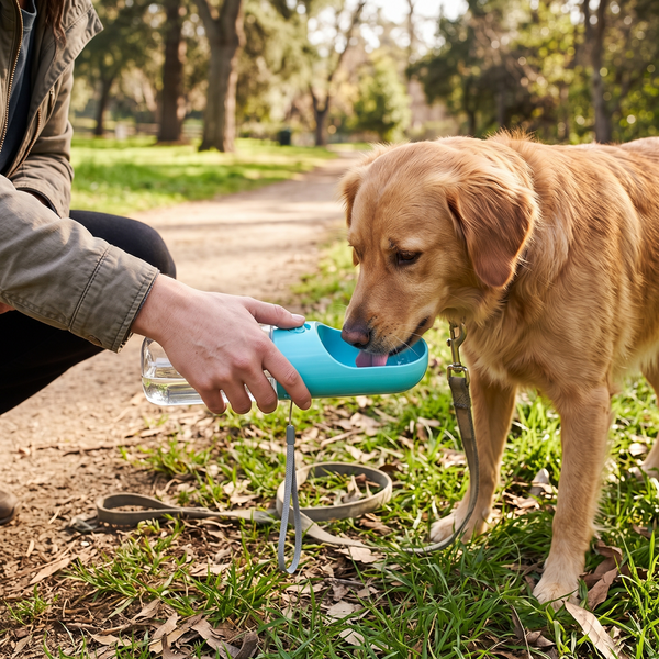 TrailGulp Push-Lock Dog Water Bottle (Blue) in use