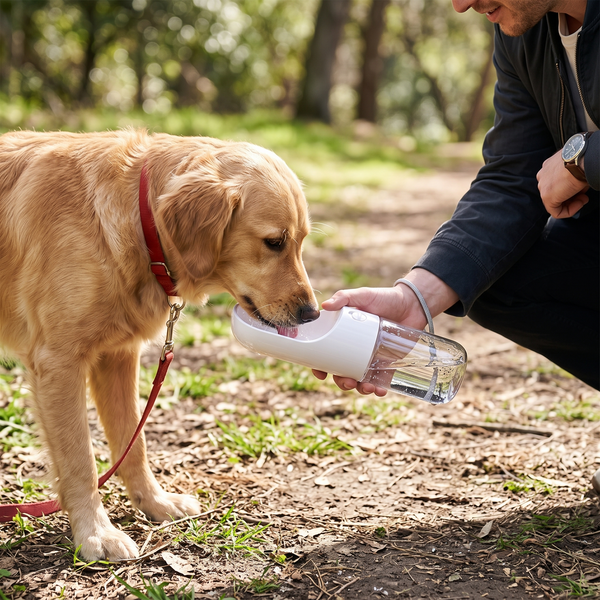 TrailGulp Push-Lock Dog Water Bottle (White) in use