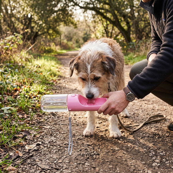 TrailGulp Push-Lock Dog Water Bottle (Pink) in use