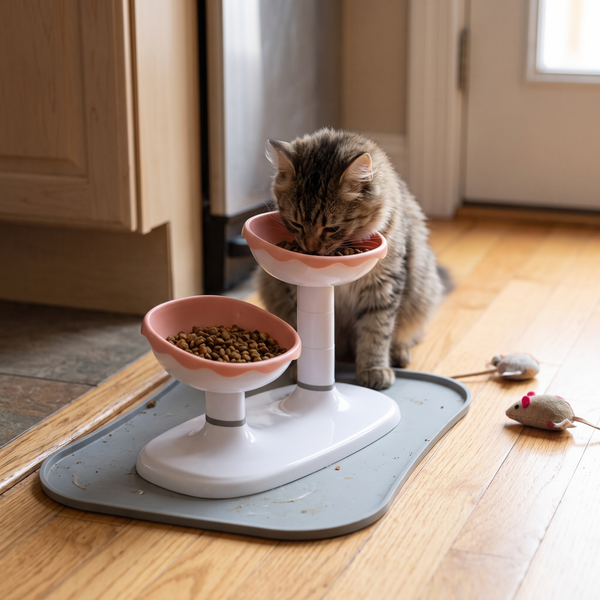 LiftDuo Raised Double Pet Bowl (Pink) in use