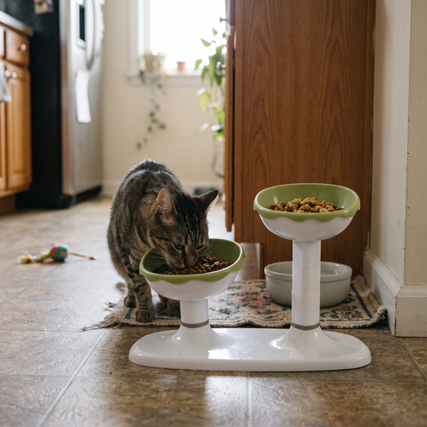 LiftDuo Raised Double Pet Bowl (Green) in use