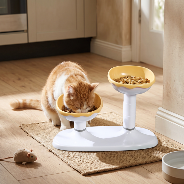 LiftDuo Raised Double Pet Bowl (Yellow) in use