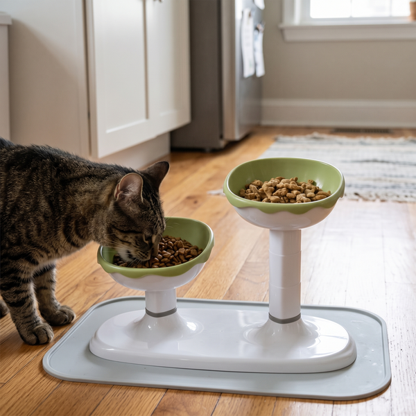 LiftDuo Raised Double Pet Bowl (Green) in use