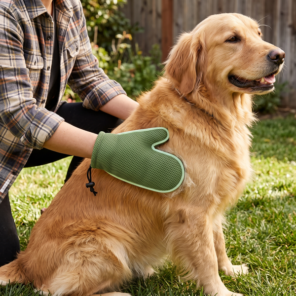 GlideMitt Double-Sided Grooming Glove (Green) in use