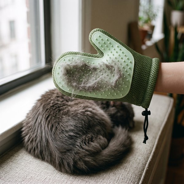 GlideMitt Double-Sided Grooming Glove (Green) in use