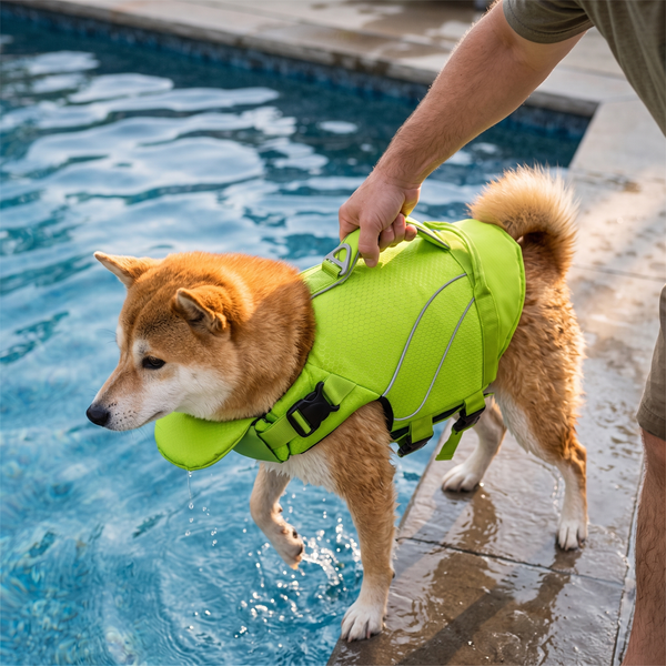 TideBuoy Ripstop Dog Life Jacket in Green - lifted from pool