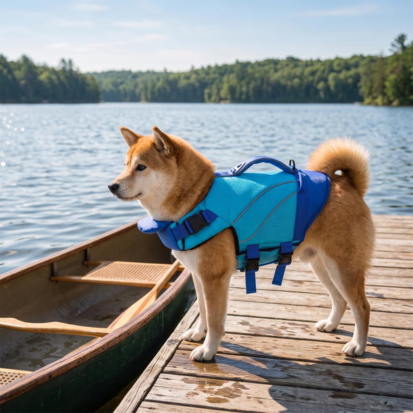 TideBuoy Ripstop Dog Life Jacket in Blue - dock and canoe