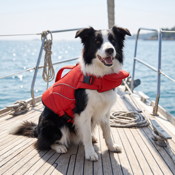 TideBuoy Ripstop Dog Life Jacket in Red - sailboat deck
