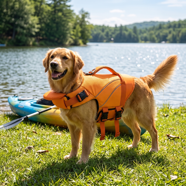TideBuoy Ripstop Dog Life Jacket in Orange - lakeside lawn and kayak