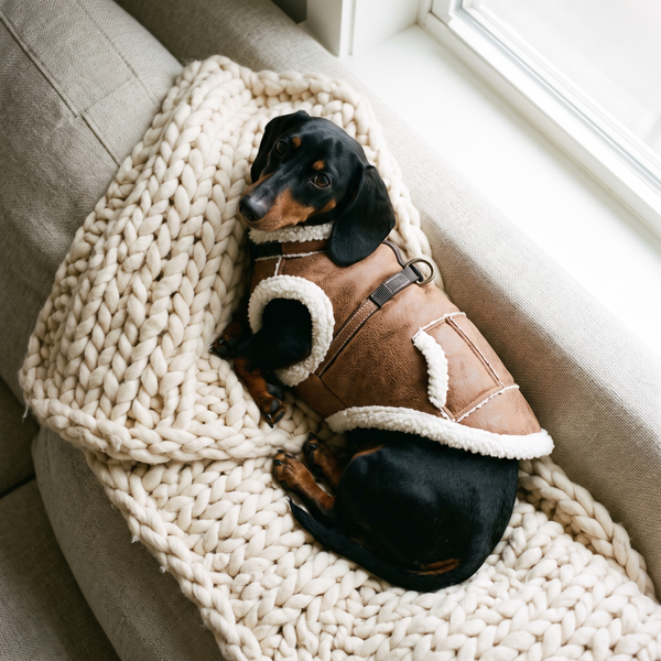 SuedeDash Retro Dachshund Dog Vest in Brown - lifestyle 1